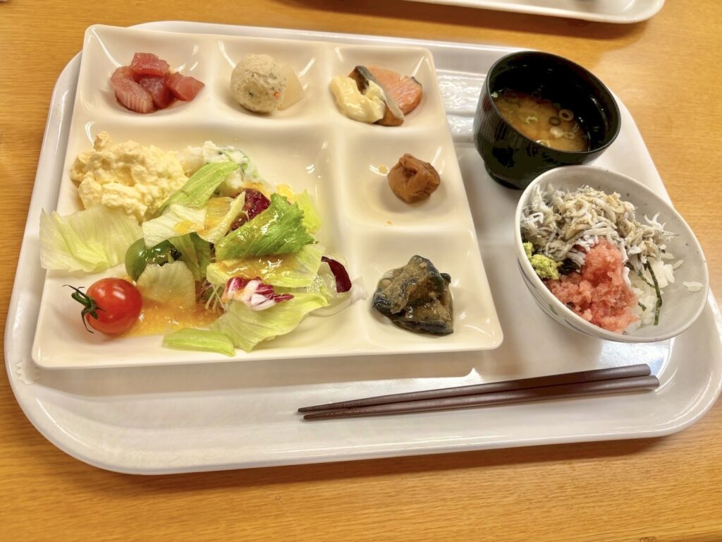 旅館の朝食バイキングのプレート。サラダや卵料理、焼き魚、梅干し、煮物、刺身などが盛られ、味噌汁としらす・明太子ご飯が添えられている。