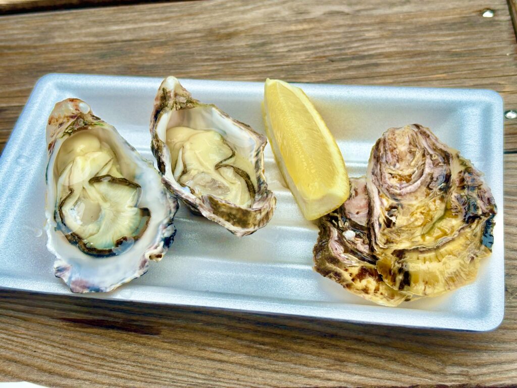 伊勢おかげ横丁で味わえる新鮮な生牡蠣。ぷっくりとした身が殻の上に並び、横には爽やかな香りのレモンが添えられている。磯の香りが広がる贅沢な一皿。