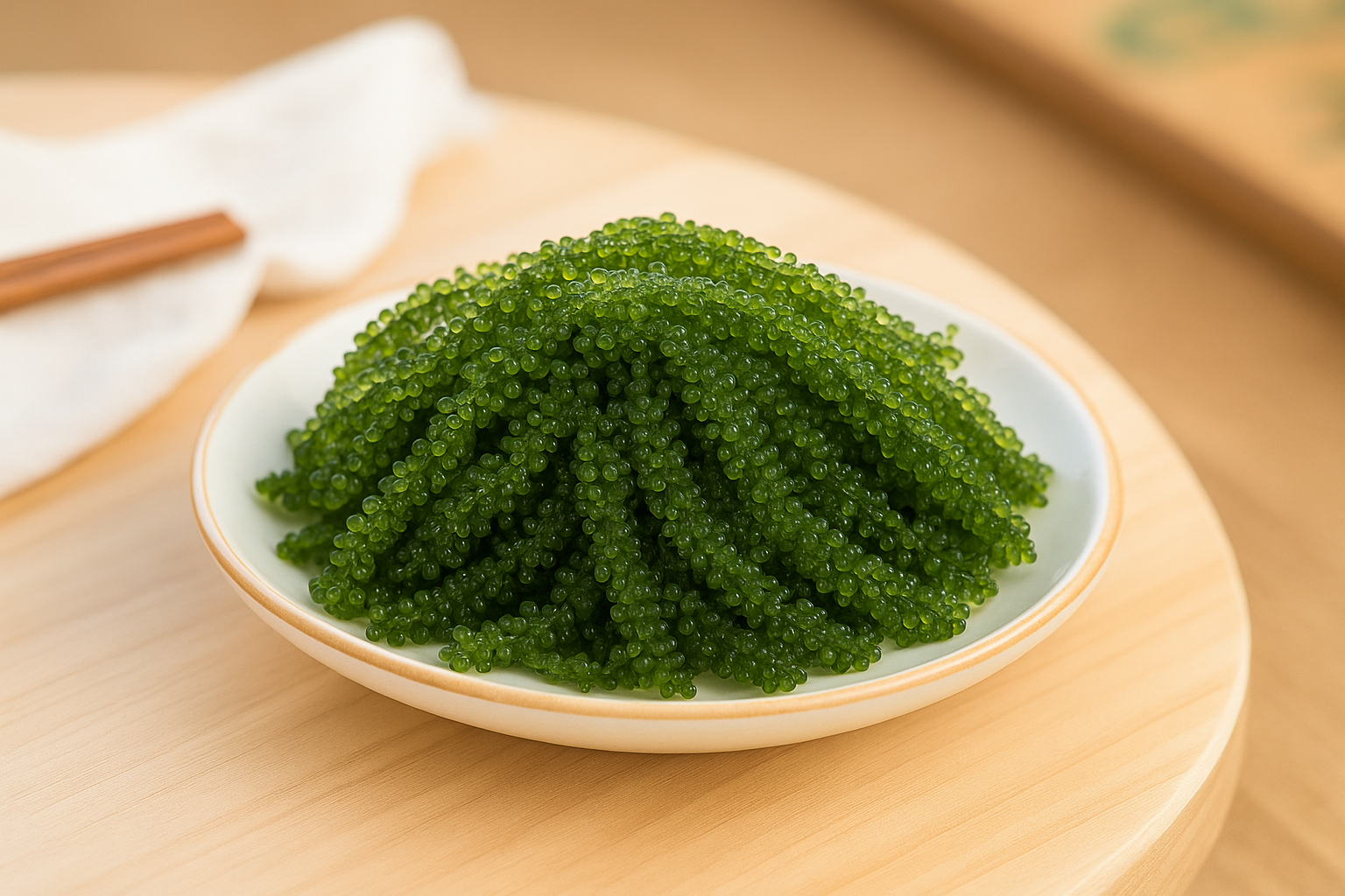 白いお皿に盛られた新鮮な海ぶどう（sea grapes）。つややかな緑色の粒がぎっしりと並び、木のテーブルの上で輝いている。背景には箸と白い布が見えるナチュラルな食卓シーン。