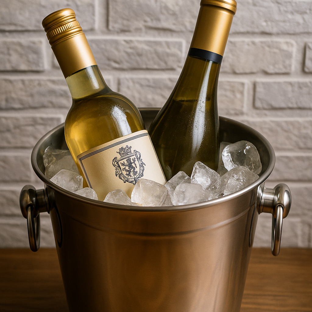 氷をたっぷり入れたシルバーのアイスペールに、白ワインのボトルが2本冷やされている。ラベルのデザインが上品で、ワインタイムの始まりを感じさせる一枚。