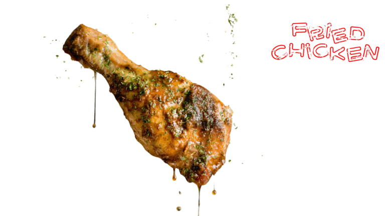 香ばしく揚がったフライドチキンのドラム部分が、ハーブとソースをまとって艶やかに輝いている。白背景に「FRIED CHICKEN」の赤い文字がデザインされた、食欲をそそるビジュアル。