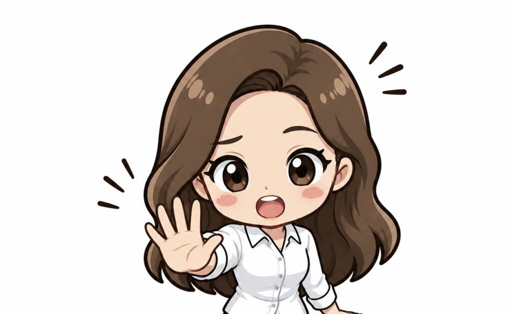 ホットクック購入前に確認してほしいポイントを伝えるように手を前に出すすずのイラスト