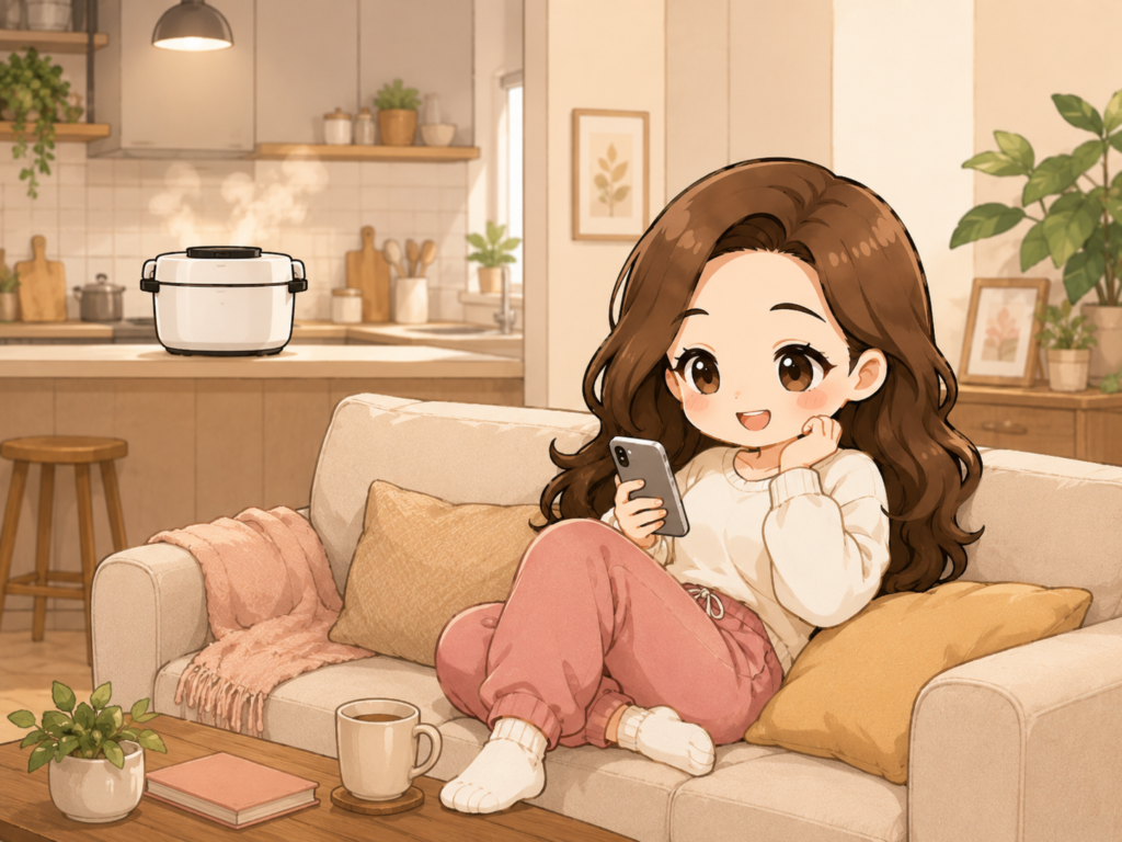ホットクックがカレーを作っている間、リビングで自由時間を過ごすすずのイラスト