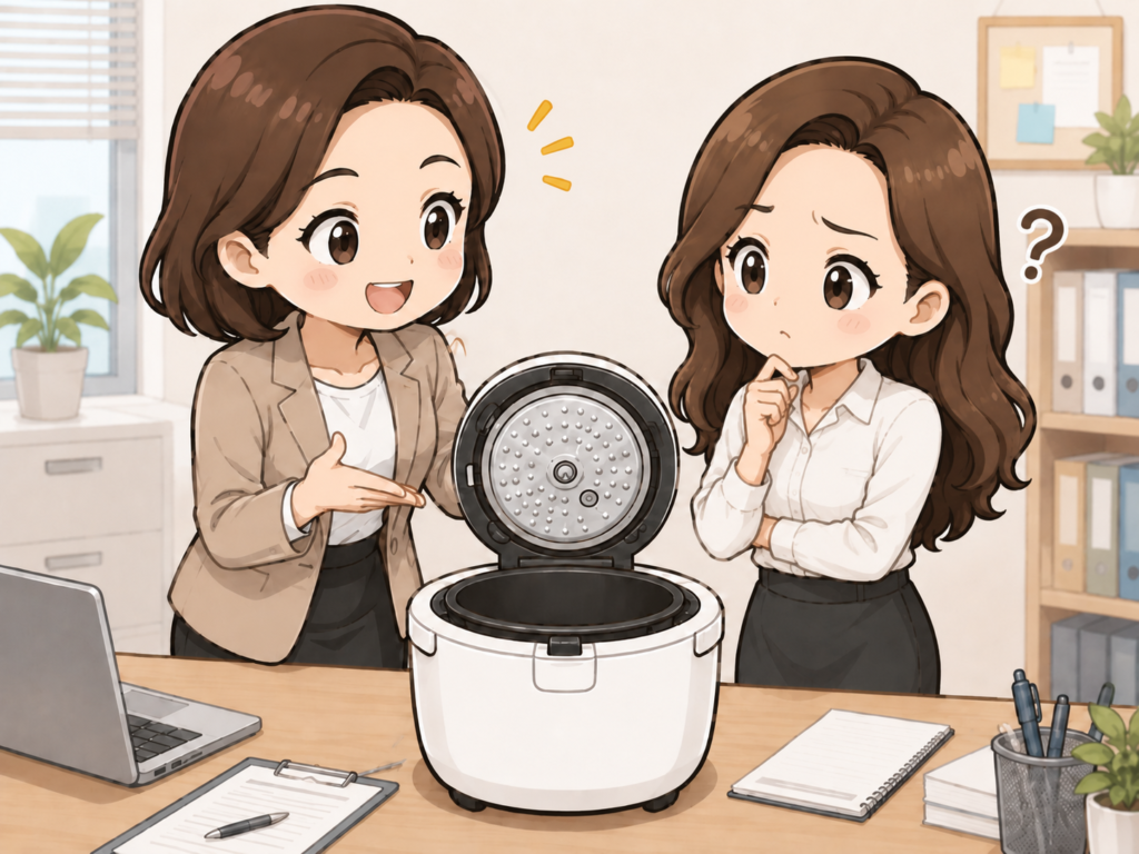 職場で先輩にホットクックをすすめられ、気になって考え込むすずのイラスト
