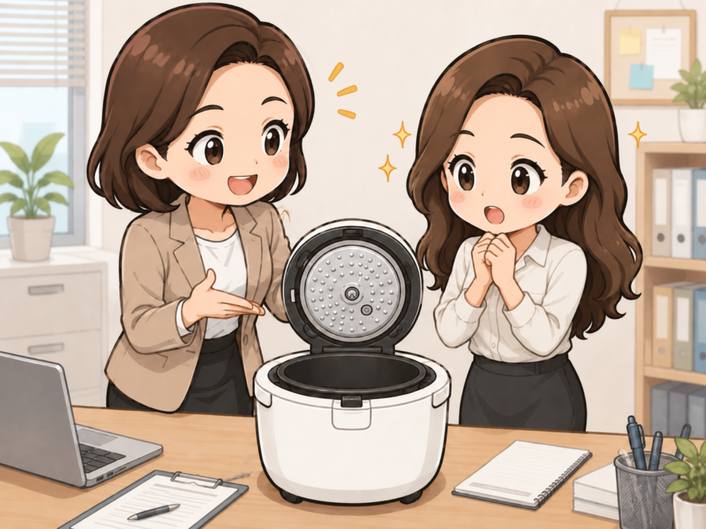 ホットクックを職場の先輩におすすめされて興味を持つすずのイラスト