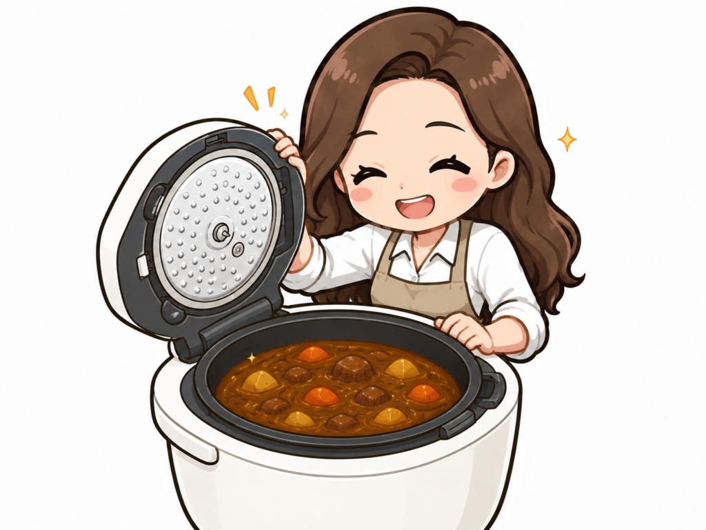 ホットクックで簡単に作れたカレーを見て、嬉しそうに笑うすずのイラスト