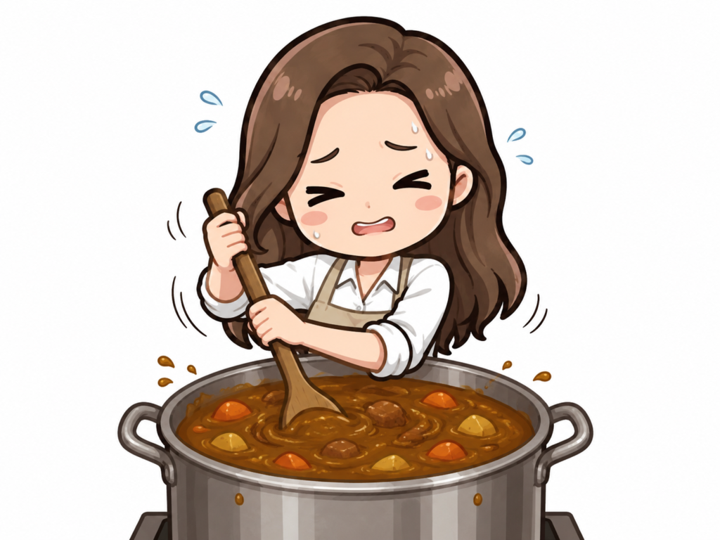ホットクックを使わずに大きな鍋でカレーを作り、焦りながらかき混ぜるすずのイラスト