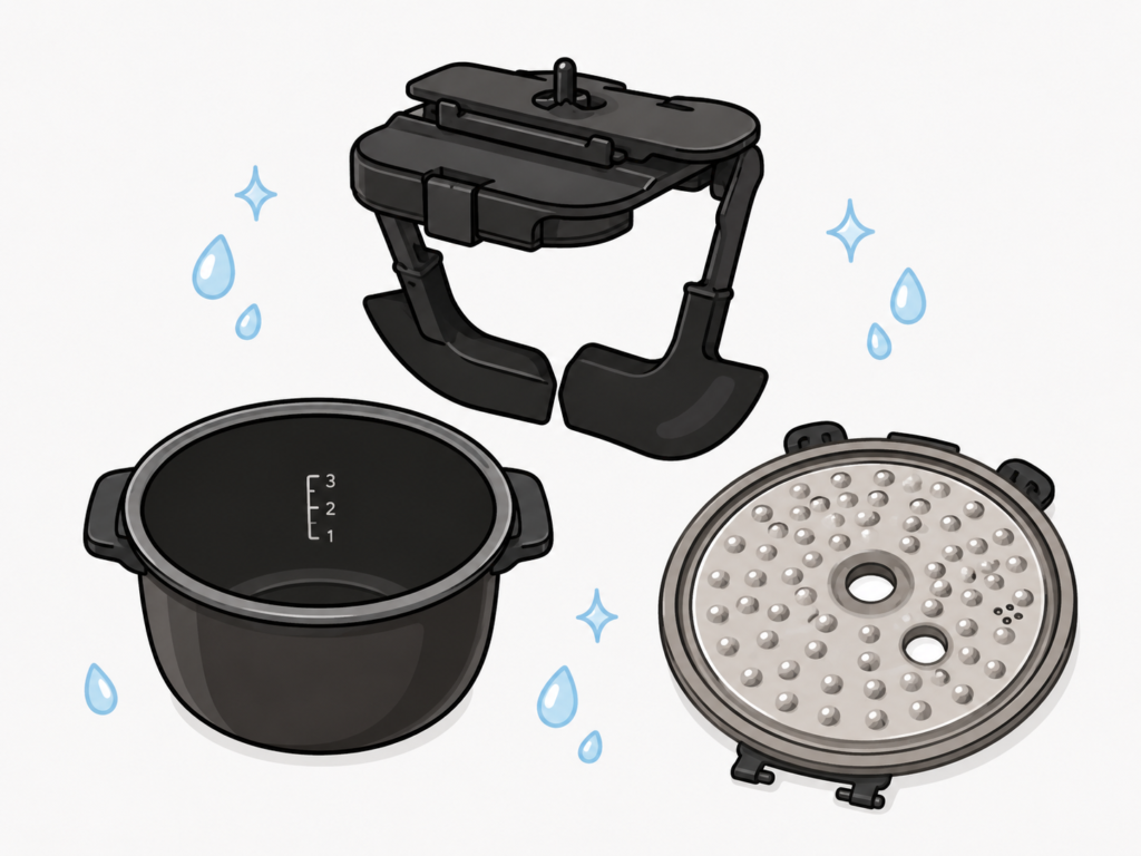 ホットクック使用後に洗う内鍋、内蓋、まぜ技ユニットのイラスト