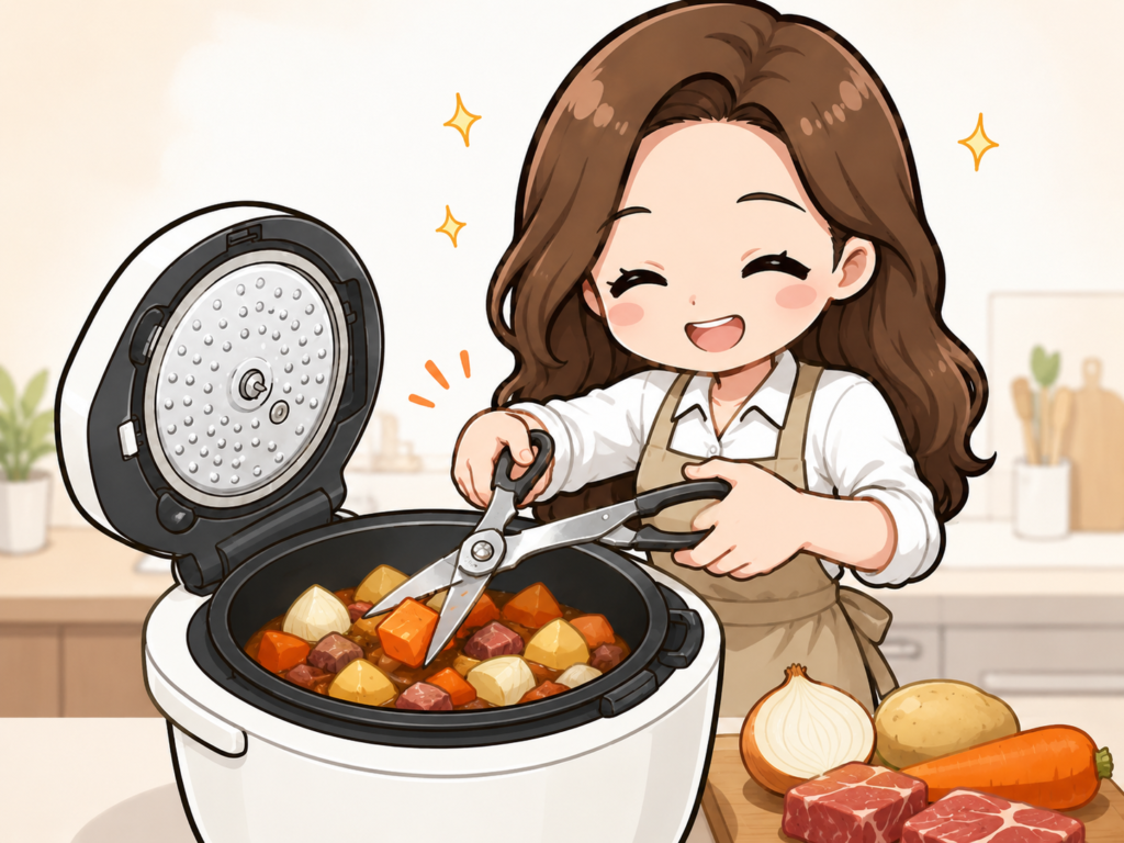 ホットクックに入れる野菜や肉をキッチンばさみで切っているすずのイラスト