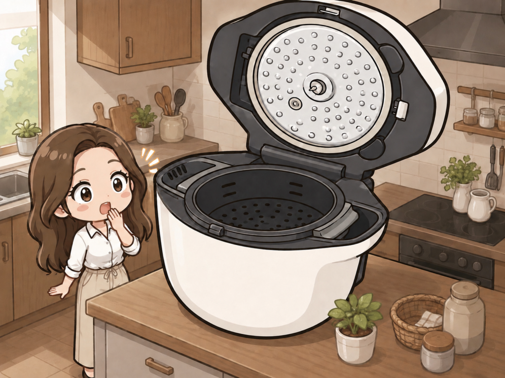 ホットクックのサイズ感に驚くすずとキッチンに置かれた大きなホットクックのイラスト
