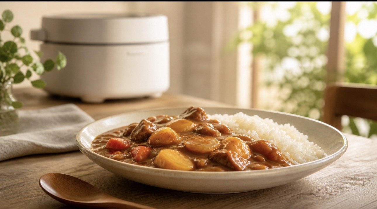 料理が苦手な妻でもホットクックで作りやすい、具だくさんカレーライスのアイキャッチ画像。木のテーブルにカレーライスと木製スプーン、奥に白いホットクック