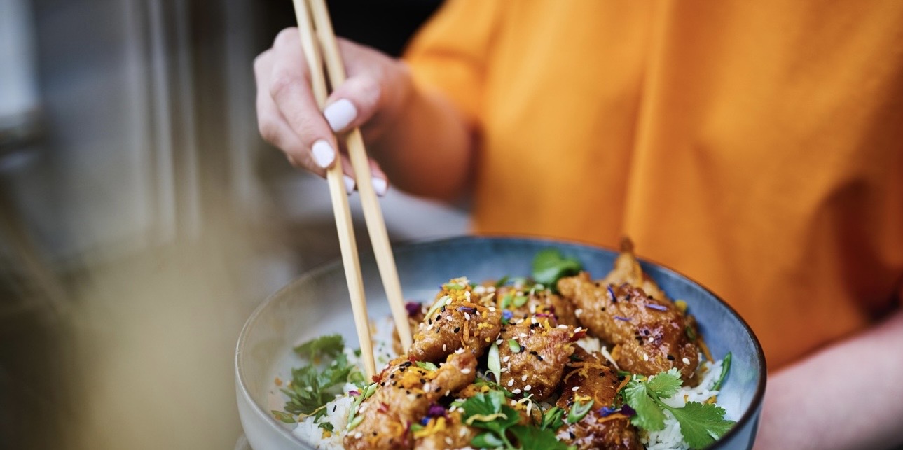 箸で台湾唐揚げダージーパイとご飯を食べるイメージ