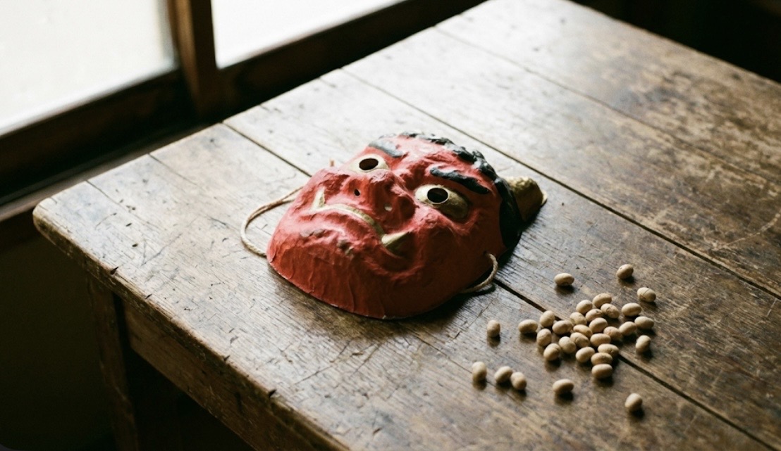 木のテーブルに置かれた節分の赤鬼のお面と福豆