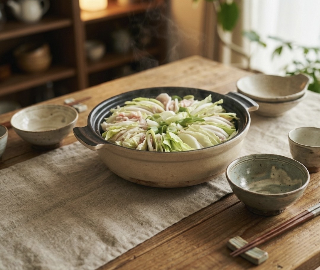 木製テーブルの上に土鍋が置かれ、豚バラ肉・大根・キャベツを層状に重ねた生姜アゴだしのミルフィーユ鍋が盛られている。湯気が立ち上り、周囲には素朴な器と箸が並ぶ、温かみのある食卓風景。