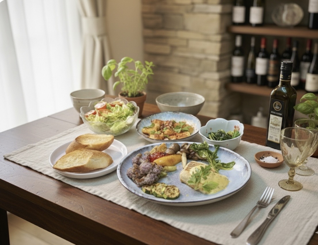 木製テーブルに並んだ洋風の食卓。大皿には真鯛のマスタードクリームソースが盛られ、クレソン、パプリカ、椎茸、カリフラワー、ズッキーニの焼き野菜が添えられている。奥にはタコのガリシア風、ほうれん草のガーリックソテー、ミニトマトとロメインレタスのサラダ、小皿の塩、スライスしたパンが並ぶ。オリーブオイルとワイングラスも置かれ、背景にはワインボトルが並ぶ棚が見える、落ち着いた雰囲気のダイニングシーン。