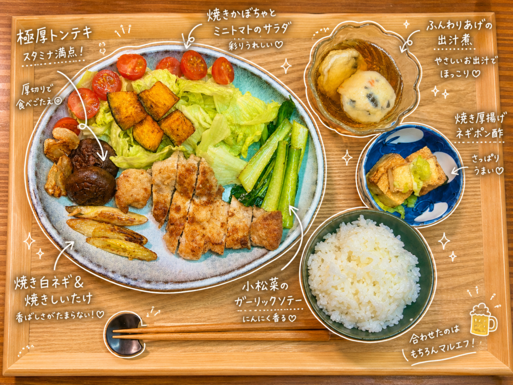 極厚トンテキを主菜に、小松菜のガーリックソテー、焼き白ネギと焼きしいたけ、焼きかぼちゃとミニトマトのサラダ、焼き厚揚げネギポン酢、ふんわりあげの出汁煮、ごはんを木のトレーに並べた献立写真