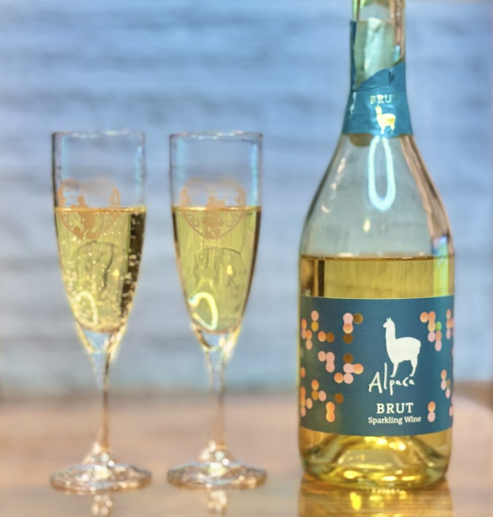 チリ産スパークリングワイン「アルパカ ブリュット」とシャンパングラスに注がれた黄金色の泡。家飲みの乾杯シーンのワイン写真。