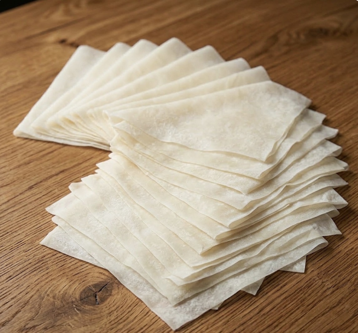 木製テーブルの上に重ねて並べた春巻きの皮。薄く四角い生地が何枚も重なり、春巻きを作る前の状態の食材写真。