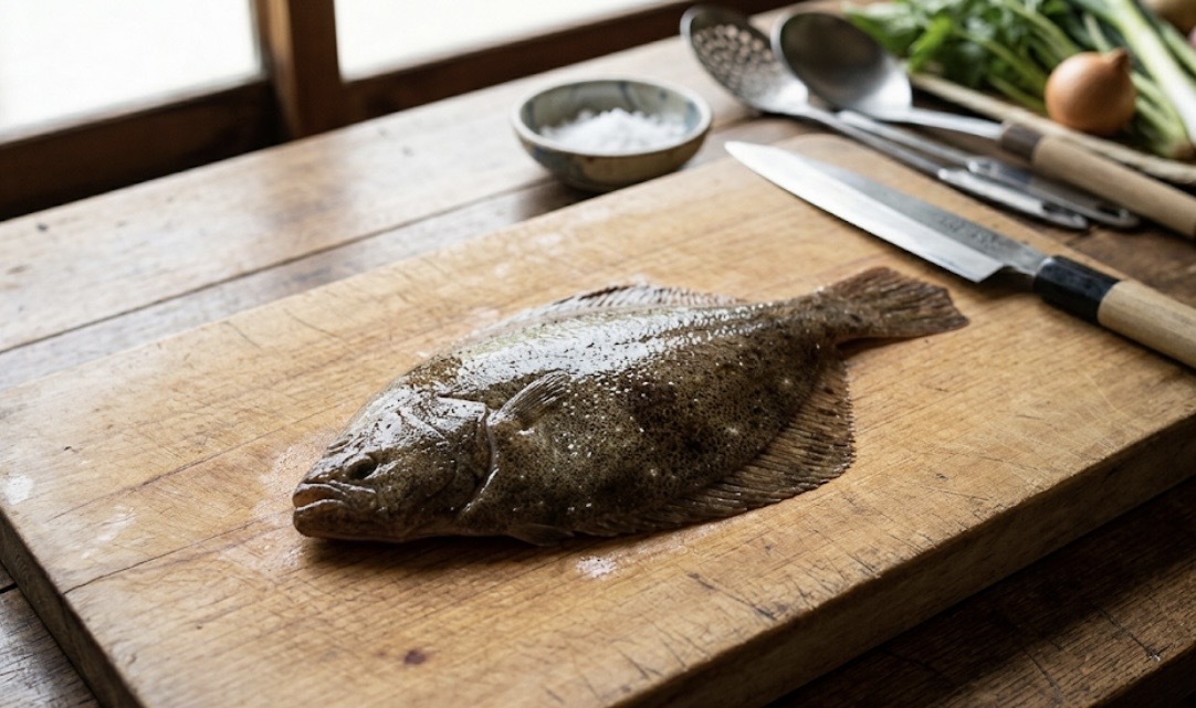 木のまな板の上に置かれた調理前のメダカカレイ。包丁や塩がそばに並び、これから下処理を行う家庭料理の準備風景。