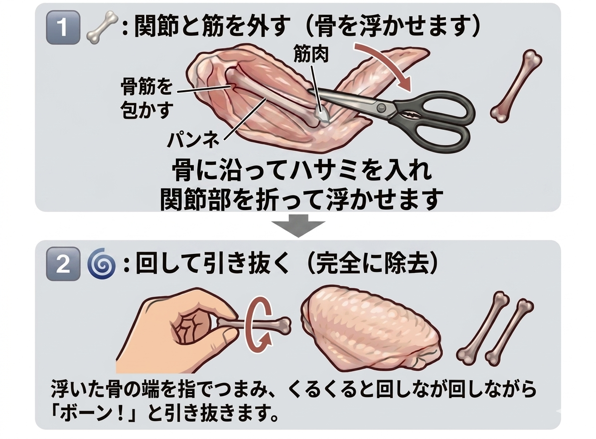 手羽先の骨抜き方法を解説したイラスト図。1では関節と筋を外し、骨に沿ってハサミを入れて骨を浮かせる手順を説明し、2では浮いた骨を指でつまんで回しながら引き抜き、完全に除去する流れを示している。筋肉や骨の位置関係も丁寧に描かれており、初心者でも分かりやすい下処理ガイドとして活用できる。手羽先の下処理、骨抜き手順、料理準備、鶏肉のさばき方、手羽先レシピ前の準備工程の解説画像として最適な一枚。