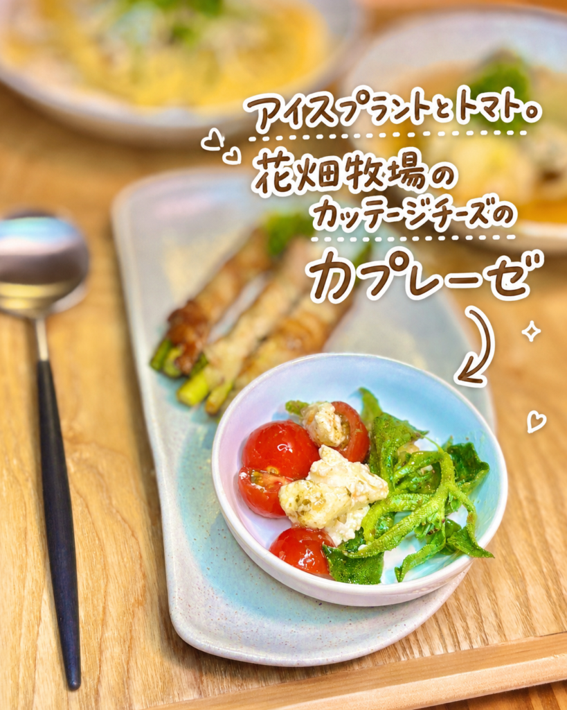 アイスプラントとトマト、花畑牧場のカッテージチーズを使ったカプレーゼ風副菜の写真です。小さな器には、赤いミニトマト、白いカッテージチーズ、緑のアイスプラントが盛りつけられており、彩りのよいさっぱり副菜として食卓を華やかにしています。カッテージチーズのやさしいミルク感とトマトの酸味、アイスプラントのシャキッとした食感が楽しめそうな一皿です。写真には、アイスプラントとトマト、花畑牧場のカッテージチーズのカプレーゼという可愛い手書き風の文字入れがあり、矢印やハート、きらきらの装飾で、家庭料理ブログらしい温かい雰囲気に仕上がっています。カッテージチーズの使い方、アイスプラントレシピ、トマト副菜、カプレーゼ風サラダ、簡単おつまみ、晩ごはんの彩り副菜として紹介する画像にぴったりです。