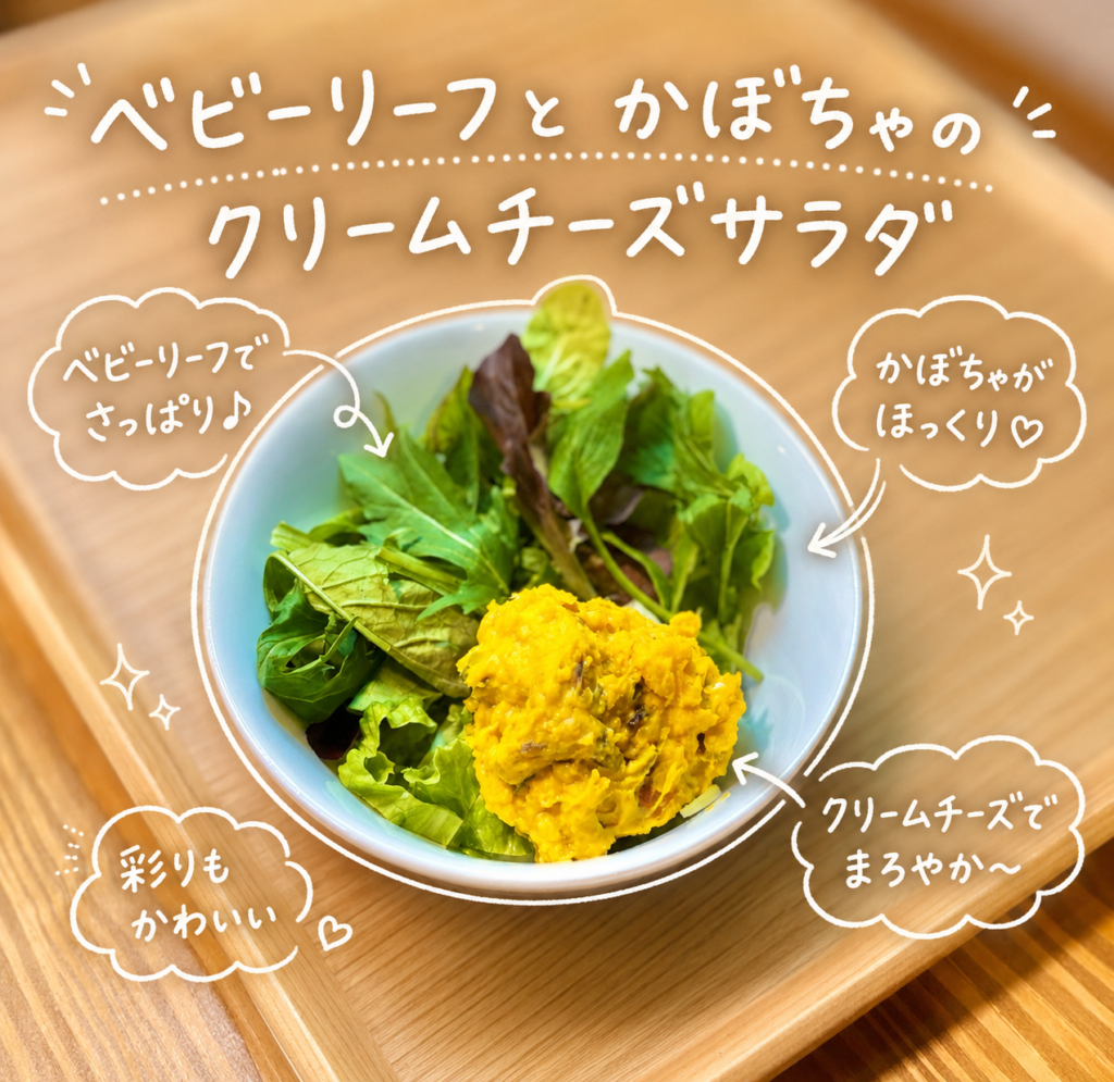 ベビーリーフに、かぼちゃとクリームチーズ、レーズン、ナッツを合わせたデリ風サラダを添えた一皿。誕生日のお祝い献立に彩りを加える華やかな副菜