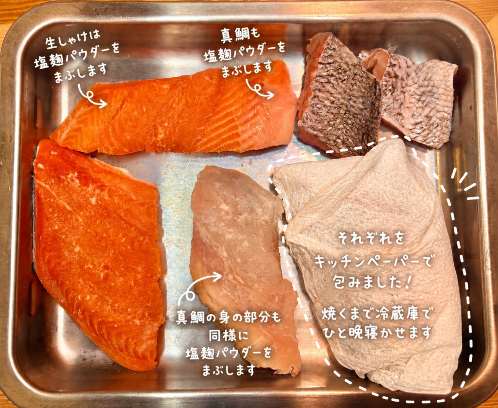 生しゃけと真鯛に塩麹パウダーをまぶし、キッチンペーパーで包んで冷蔵庫でひと晩寝かせる前日仕込みの手順を紹介した写真。