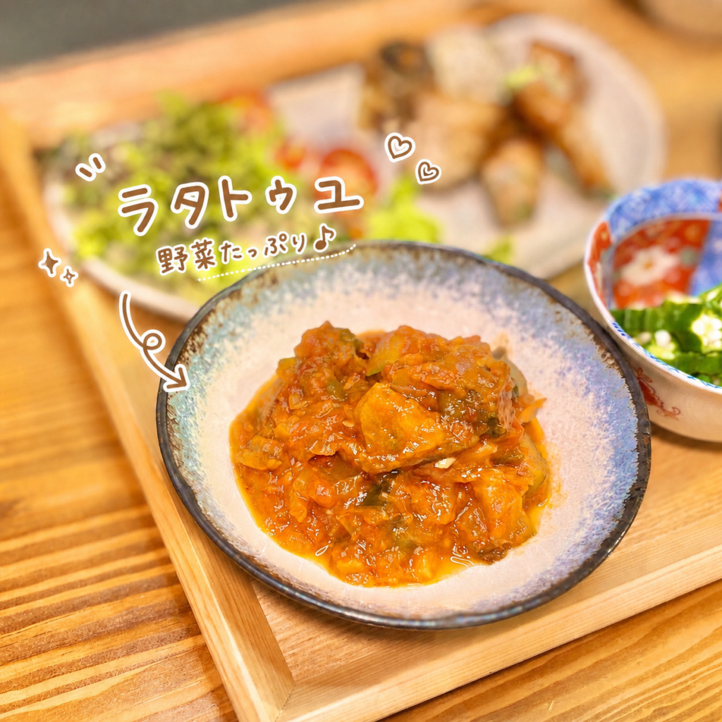 トマトの旨みと野菜の甘みが詰まったラタトゥユを、やさしい色合いの器に盛り付けた副菜写真。前日に多めに作ったラタトゥユを翌日の晩ごはんに活用した一品で、茄子の豚バラ巻きやおくらの豚バラ巻き、冷しゃぶなどのお肉料理に合わせやすい野菜たっぷりのおかず。手書き風の文字で可愛く紹介した、作り置き副菜にも使えるラタトゥユ画像。