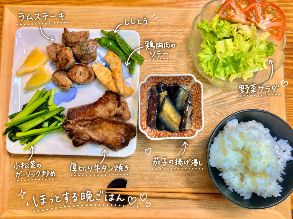 ラムステーキと厚切り牛タン焼き、鶏胸肉のソテーを主役に、小松菜のガーリック炒め、茄子の揚げ浸し、ししとう、野菜サラダ、白ごはんを合わせたお肉プレートの晩ごはん献立。サントリー生ビールにも合う家庭料理の手書き風加工画像。
