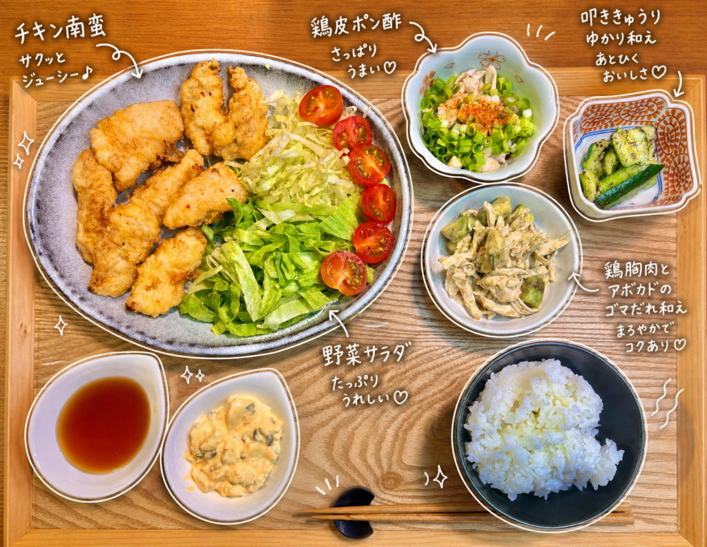 チキン南蛮を主役に、野菜サラダ、鶏皮ポン酢、鶏胸肉とアボカドのゴマだれ和え、叩ききゅうりのゆかり和え、ごはんを木製トレーに並べた鶏づくしの晩ごはん献立