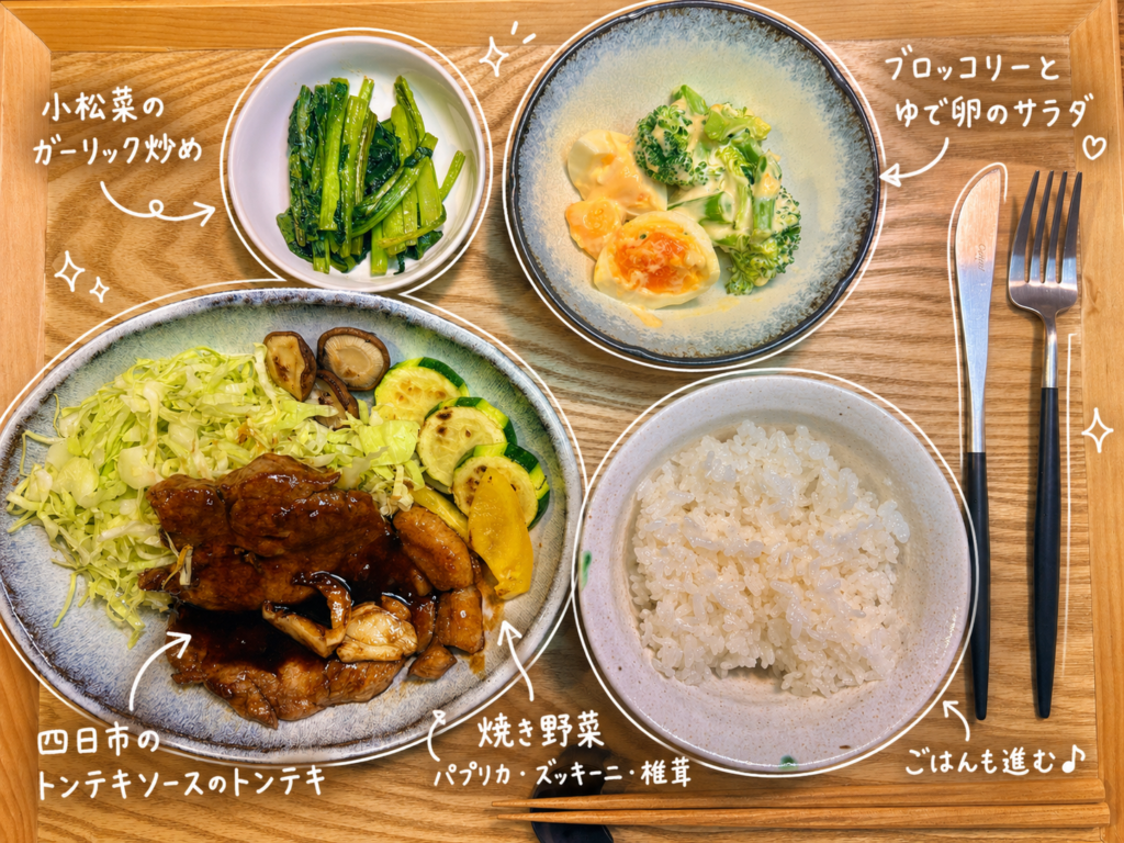 四日市トンテキソースで作るトンテキ献立。甘辛ソースの豚肉に、焼き野菜、ブロッコリーとゆで卵のサラダ、小松菜のガーリック炒め、白ごはんを合わせ、手書き風文字で料理名を入れた晩ごはん写真。