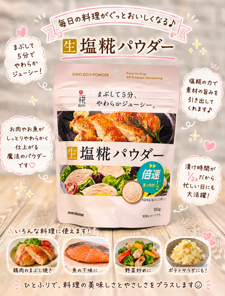 マルコメの生塩糀パウダーを使った料理アレンジ紹介画像。肉や魚をやわらかく仕上げる下味、野菜炒め、ポテトサラダなどに使える万能調味料として手書き風の文字で紹介。