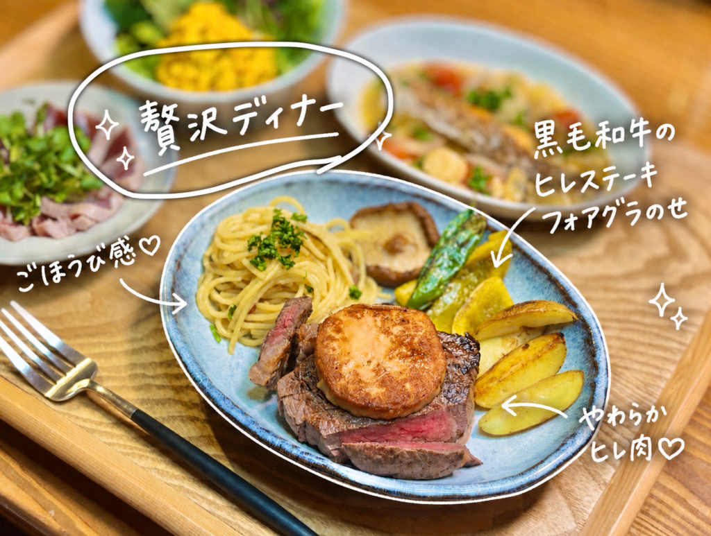 黒毛和牛のヒレステーキに香ばしく焼いたフォアグラをのせ、ぺぺロンチーノと焼き野菜を添えた記念日ディナーの一皿。誕生日のお祝いにぴったりの豪華なステーキ献立