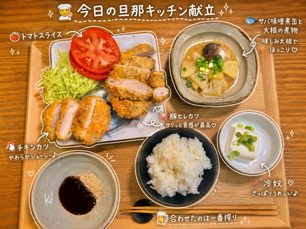 豚ヒレカツとチキンカツ、サバ味噌煮缶と大根の煮物、冷奴、トマトスライス、ごはんを木製トレーに並べた揚げ物献立