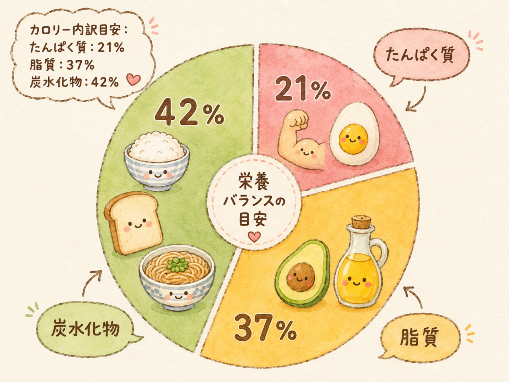 たんぱく質21%、脂質37%、炭水化物42%のカロリー内訳を、手書き風の可愛い円グラフで紹介した栄養バランス画像。炭水化物にはごはん・パン・麺、脂質にはアボカドとオイル、たんぱく質には卵などのイラストを添え、食事の栄養バランスの目安がひと目でわかるデザイン。