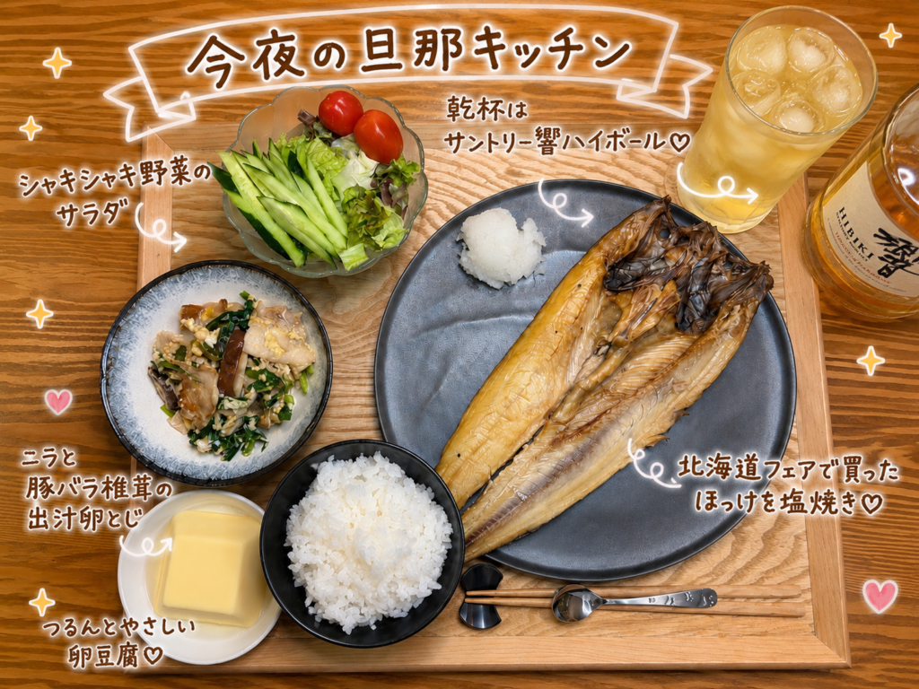 今夜の旦那キッチンとして、北海道フェアで買ったほっけの塩焼きをメインにした和食晩ごはんの全体写真です。木製トレーの上には、大きなほっけの塩焼き、大根おろし、シャキシャキ野菜のサラダ、ニラと豚バラ椎茸の出汁卵とじ、つるんとやさしい卵豆腐、白ごはん、サントリー響ハイボールが並んでいます。写真には「今夜の旦那キッチン」という大きな手書き風タイトルと、それぞれの料理名を示す可愛い文字入れ、矢印、ハート、きらきらの装飾が入っており、献立全体がひと目でわかるアイキャッチ画像です。ほっけの塩焼き献立、焼き魚の晩ごはん、北海道フェアの購入品、おうち和食、旦那キッチン、響ハイボールに合うごはんの記事にぴったりの写真です。