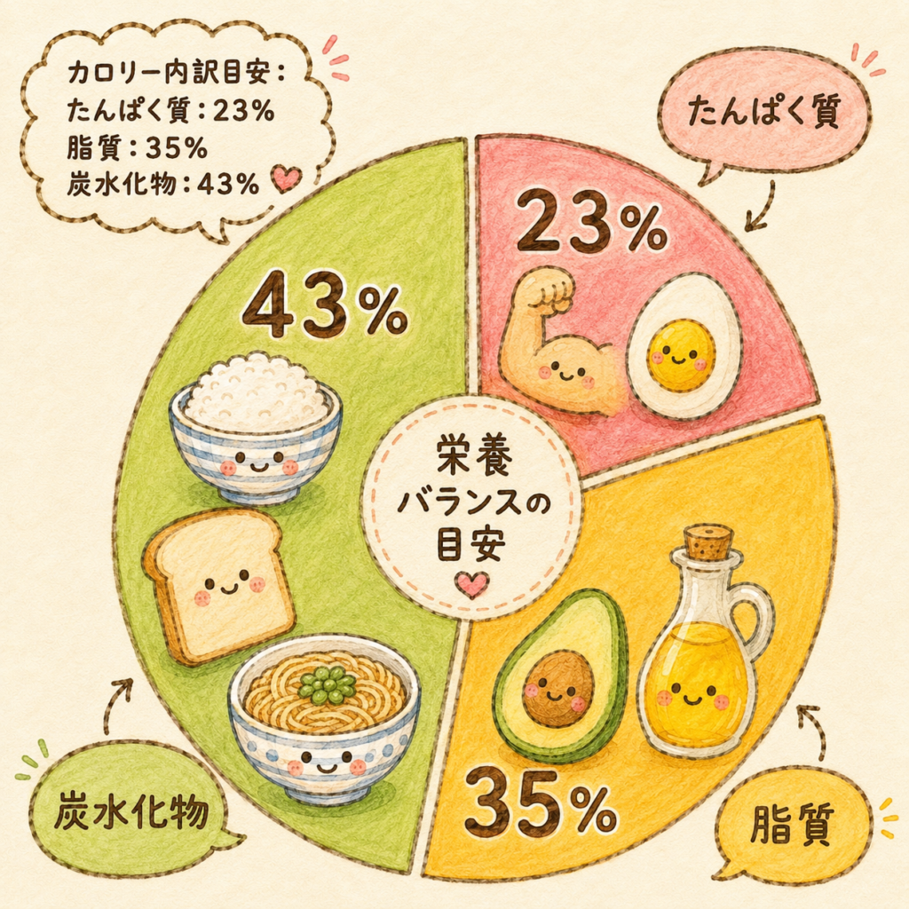 たんぱく質23％、脂質35％、炭水化物43％のカロリー内訳を、手書き風の可愛い円グラフで紹介した栄養バランス画像。ごはんやパン、麺、卵、アボカド、オイルのイラストを添えた、食事の栄養バランスの目安がわかる画像