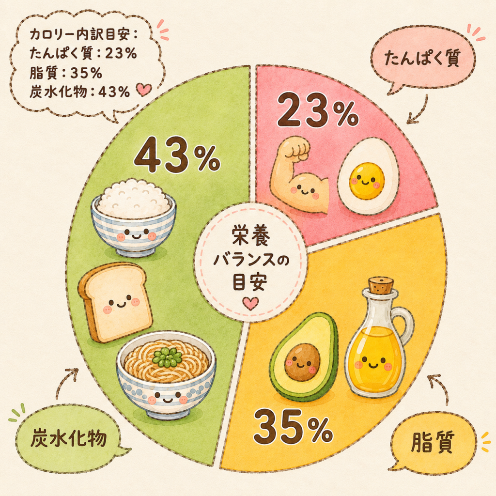 たんぱく質23％、脂質35％、炭水化物43％のカロリー内訳を、手書き風の可愛い円グラフで紹介した栄養バランス画像。たんぱく質には卵、脂質にはアボカドとオイル、炭水化物にはごはんやパン、麺のイラストを添えた、食事の栄養バランスの目安がわかる画像。