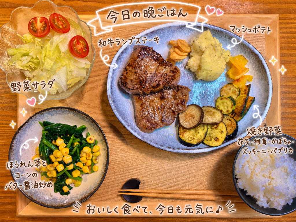 和牛ランプステーキ、マッシュポテト、焼き野菜、ほうれん草とコーンのバター醤油炒め、野菜サラダ、白ごはんを木製トレーに並べた旦那キッチンの晩ごはん。手書き風の文字入れで料理名を紹介した、ステーキメインのごちそう献立写真。