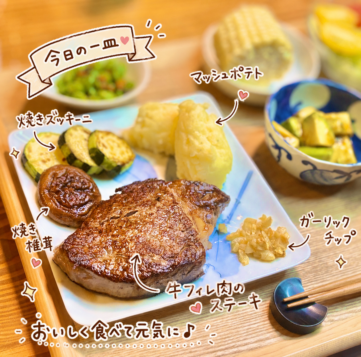 牛フィレ肉のステーキをアップで写した写真。マッシュポテト、焼きズッキーニ、焼き椎茸、ガーリックチップを添えたおうちレストラン風の一皿を手書き風の文字で紹介している