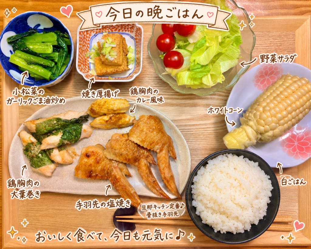 骨抜き手羽先の塩焼き、鶏胸肉の大葉巻き、鶏胸肉のカレー風味、小松菜のガーリックごま油炒め、焼き厚揚げ、野菜サラダ、ホワイトコーン、白ごはんを木のトレーに並べた旦那キッチンの晩ごはん献立写真。手書き風の文字で料理名を可愛く紹介している。