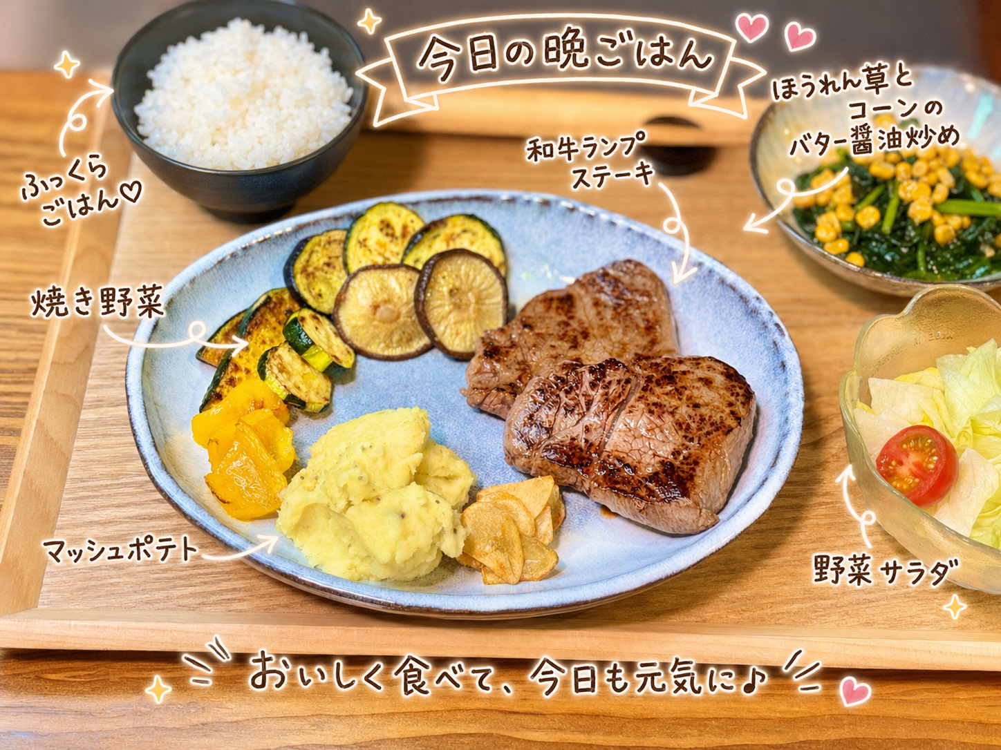 和牛ランプステーキ、焼き野菜、マッシュポテト、野菜サラダ、ほうれん草とコーンのバター醤油炒め、白ごはんを並べた晩ごはん写真。手書き風の文字とイラストで料理名を紹介した、旦那キッチンのステーキ献立画像。