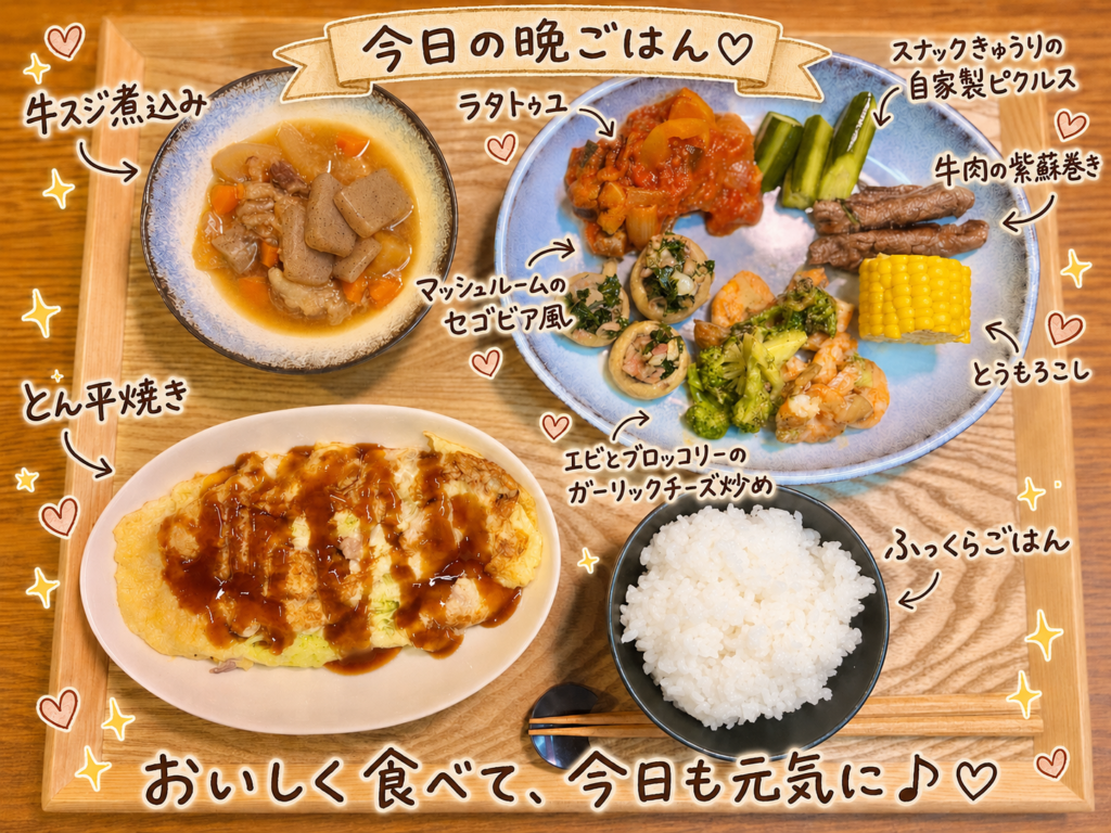 とん平焼き、牛スジ煮込み、マッシュルームのセゴビア風、エビとブロッコリーのガーリックチーズ炒め、ラタトゥユ、牛肉の紫蘇巻き、とうもろこし、白ごはんを並べた、品数たっぷりの旦那キッチン晩ごはん献立。