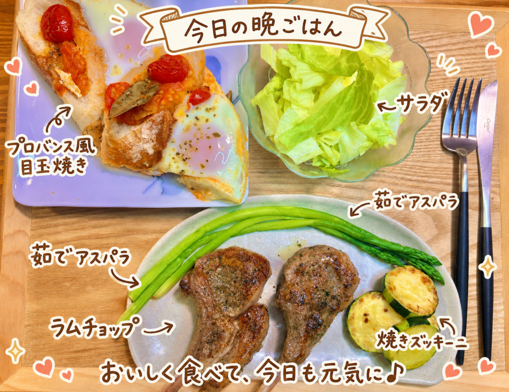 ラムチョップ、プロバンス風目玉焼き、茹でアスパラ、焼きズッキーニ、サラダを木のトレーに並べ、手書き風の可愛い文字でメニュー名を紹介した洋食献立の写真
