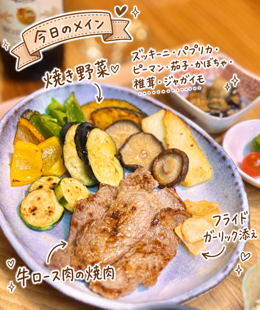 牛ロース肉の焼肉と焼き野菜を盛り付けたメインプレート。ズッキーニ、パプリカ、ピーマン、茄子、かぼちゃ、椎茸、ジャガイモを添えた彩り豊かな一皿。