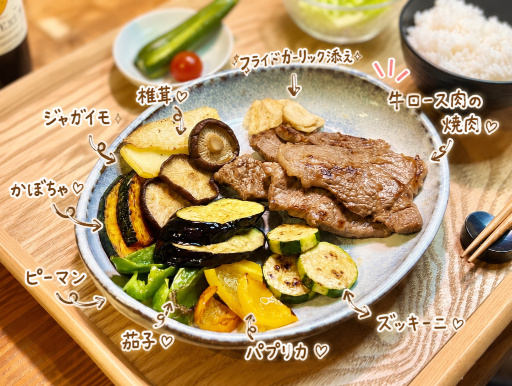 牛ロース肉の焼肉と焼き野菜を盛り付けたメインプレート。ズッキーニ、パプリカ、ピーマン、茄子、かぼちゃ、椎茸、ジャガイモを添えた彩り豊かな一皿。