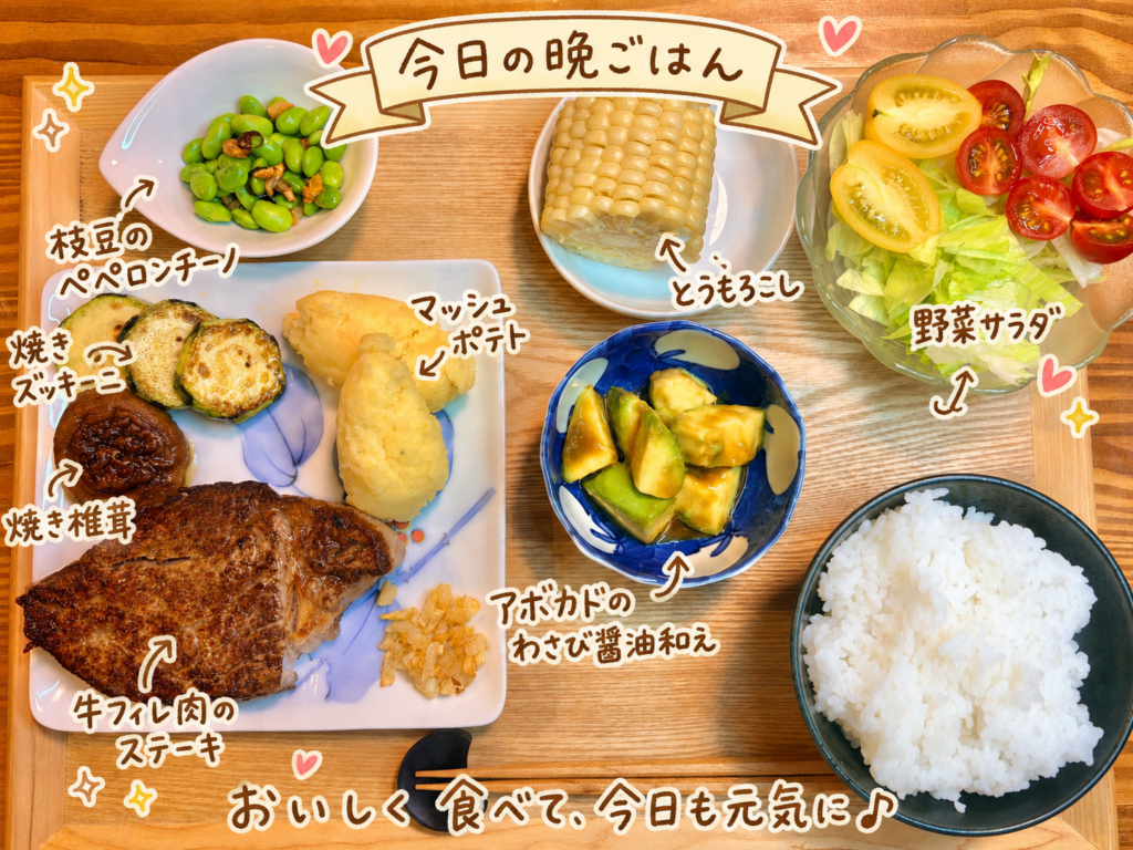 牛フィレ肉のステーキ、マッシュポテト、アボカドのわさび醤油和え、枝豆のペペロンチーノ、茹でとうもろこし、野菜サラダ、白ごはんを木のトレーに並べた晩ごはん献立の写真。手書き風の文字でメニュー名を可愛く紹介している