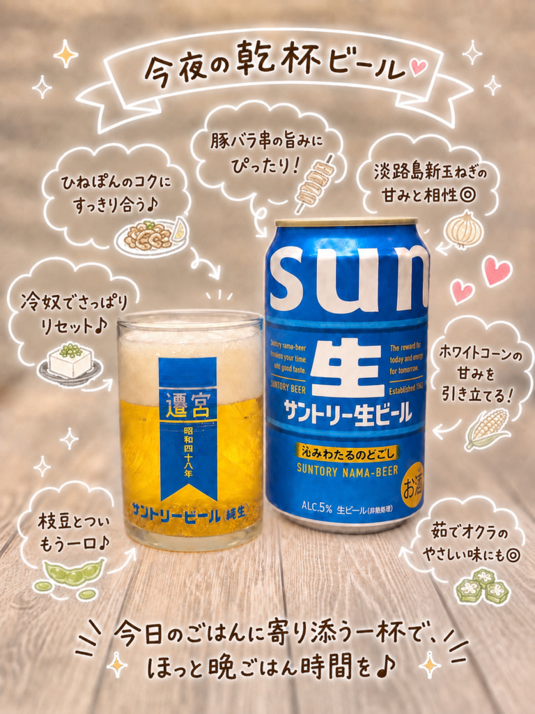 サントリー生ビールの缶とグラスを並べた写真。豚バラと淡路島新玉ねぎの串焼き、ひねぽん、冷奴、枝豆、茹でオクラ、ホワイトコーンに合わせた乾杯ビールとして、手書き風の文字で可愛く紹介している。