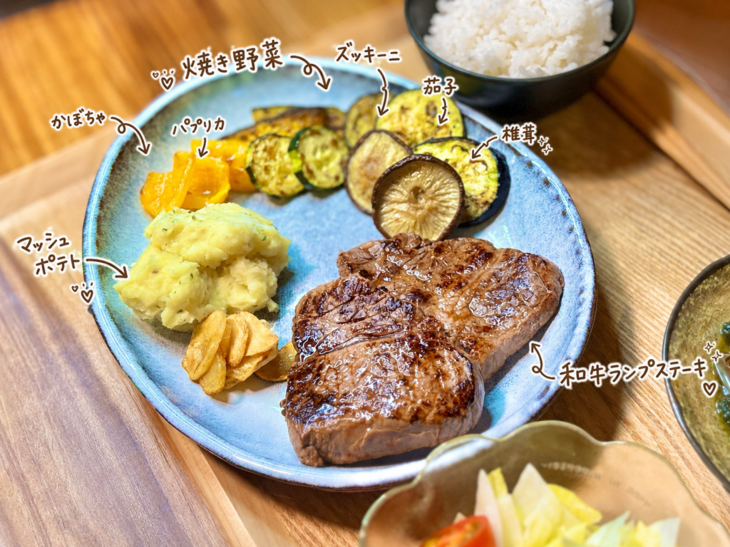 和牛ランプステーキとマッシュポテト、茄子・椎茸・かぼちゃ・ズッキーニ・パプリカの焼き野菜を一皿に盛り付けた写真。手書き風の文字で料理名を添えた、ステーキプレートのアップ画像。