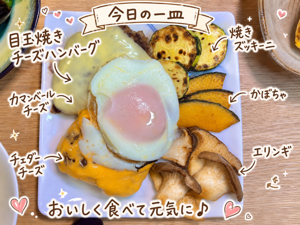 目玉焼きチーズハンバーグと焼き野菜をアップで写した写真。チェダー、カマンベール、半熟目玉焼き、エリンギ、かぼちゃ、焼きズッキーニを手書き風の文字でわかりやすく紹介している